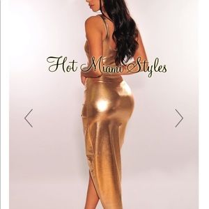 Bronze metallic slit dress